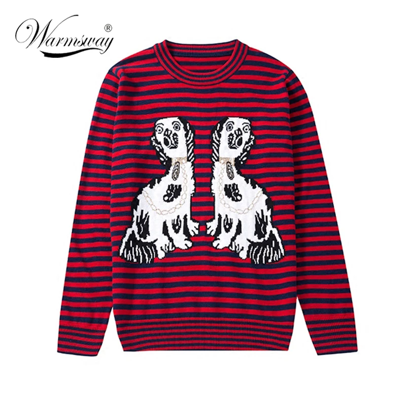 WARMSWAY Autumn Winter Dog Lovers Knitted Pullover Sweater For Woman Casual  Striped Embroidery Women Tops Sueter  C-087