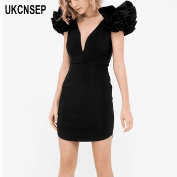 

2020 New Chic Women Sexy Summer Dress Sexy Sleeveless Ruffles V Neck Elegant Celebrity Evening Party Dress Vestidos