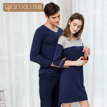 

QIANXIU Autumn Mens Pajamas Sexy Lingerie Men Sleepwear Cotton Pijama Hombre Pajama Sets Men Home Clothing Night Shirt+ Pants