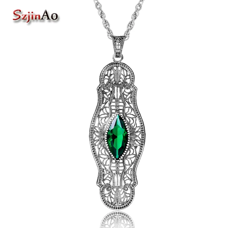 

Szjinao Charms Choker Long Emerald Pendants for Lovers 925 Sterling Silver Jewelry Perfume & Women Green Stone Pendant Necklace