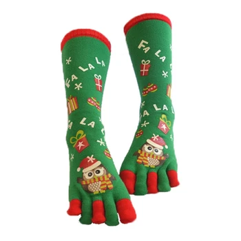 

Middle Tube Christmas Socks Hit Color Cartoon Print Holiday Striped Knit Five Finger Socks Autumn Winter Newest Hot Sale