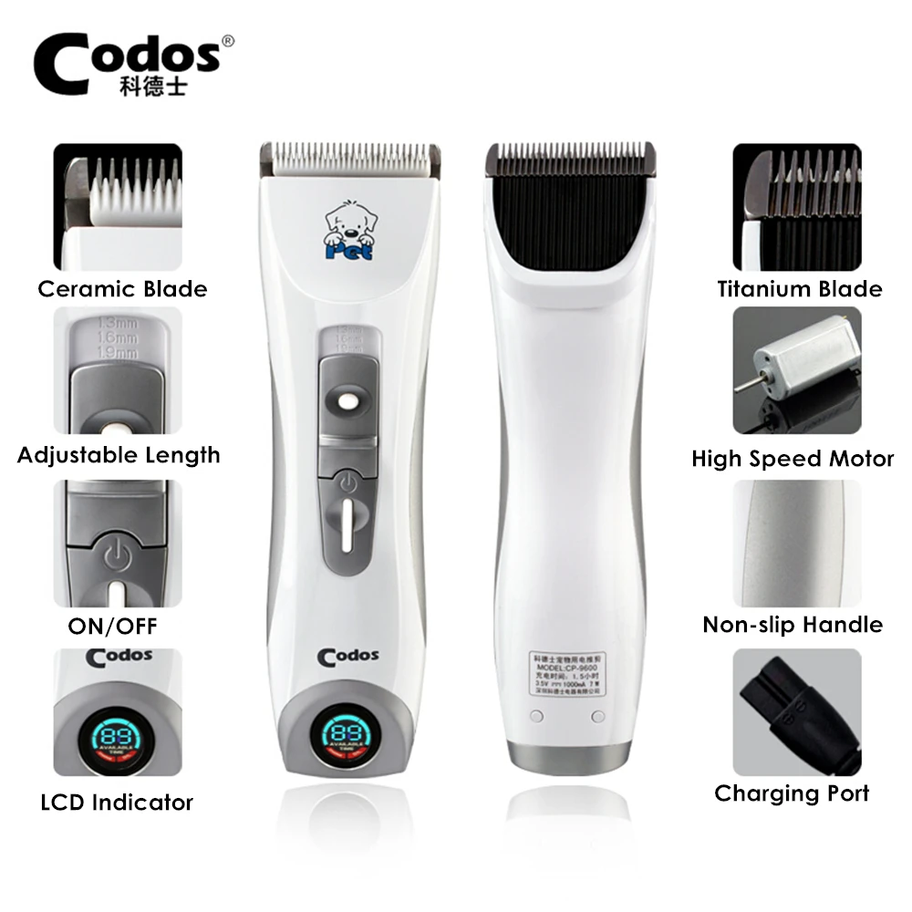 

Codos CP-9600 Professional Pet Electric Shaver LCD Display Dog Trimmer Grooming Haircut Machine Silver Rechargeable Dog Clipper