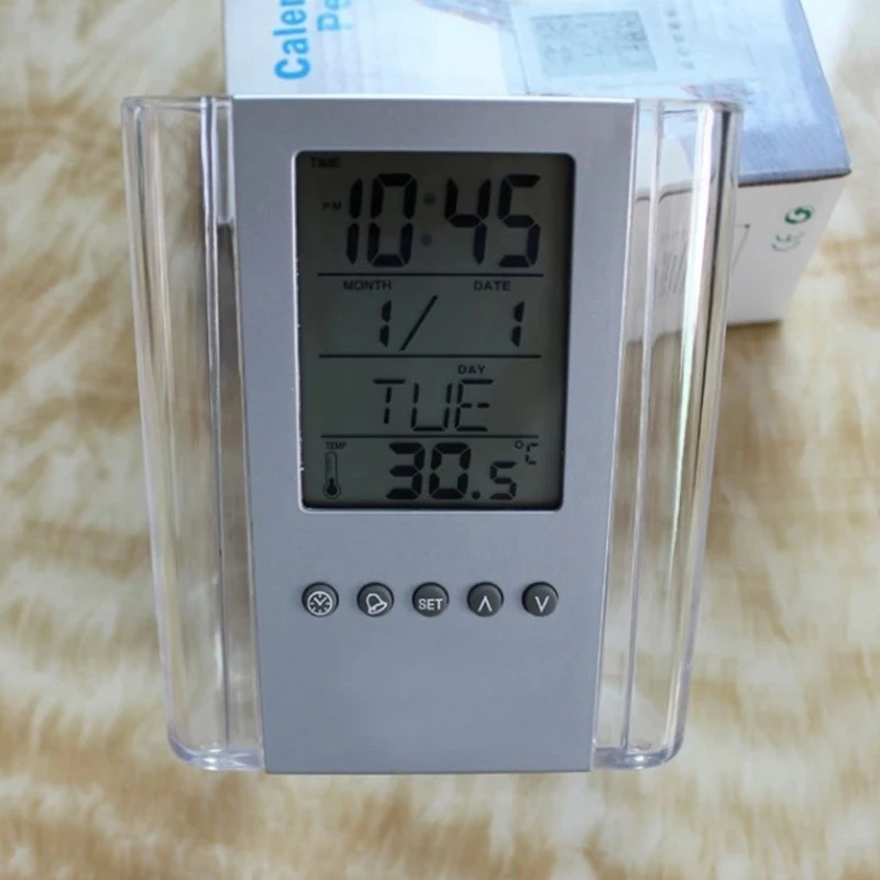 Прозрачные часы подставка для карандашей ЖК-дисплей цифровой будильник настольные часы подставка для ручек и карандашей Органайзер