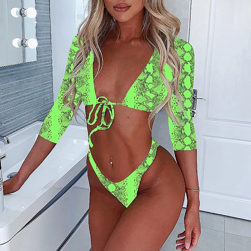 

Neon Green Long Sleeve Thong Bikini 2019 Women Swimwear Female Swimsuit Two-pieces Bikini set Snake Print Bather Bathing Suit