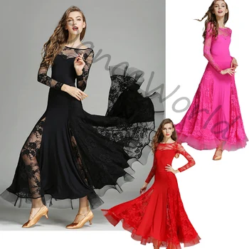 

modern dance ballroom Long sleeve lace dresses for women red black pink