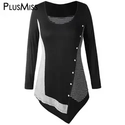 PlusMiss плюс размеры 5XL Асимметричный Полосатый с длинным рукавом футболки для женщин XXXXL XXXL XXL дамы большой повседневное длинная туника