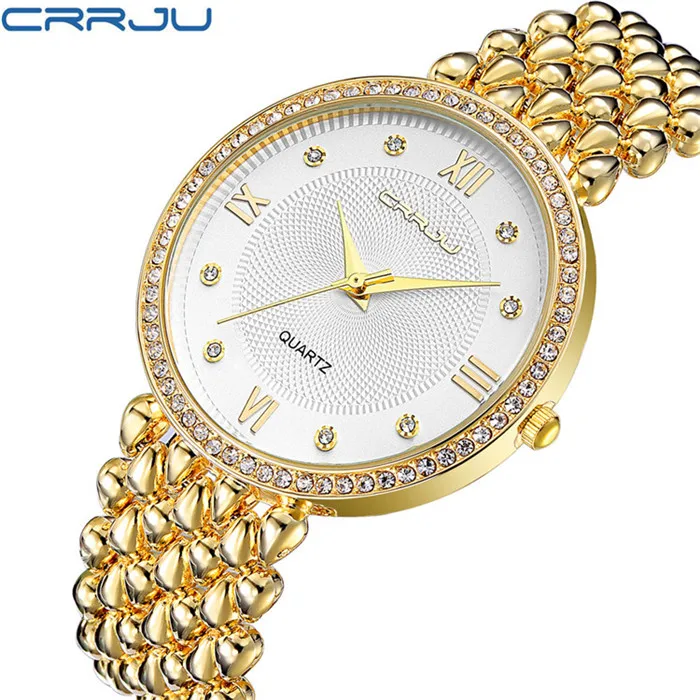 CRRJU для женщин часы ультра тонкий нержавеющая сталь женские кварцевые часы повседневное браслет с часами любовника женский подарок - Цвет: Gold white