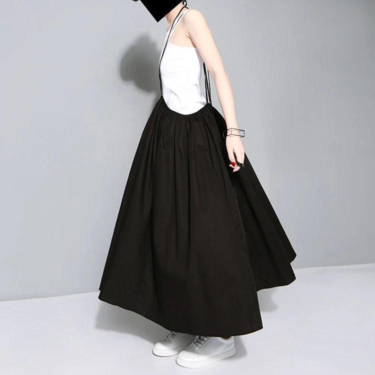 Летняя женская черная длинная юбка макси, эластичная талия, плиссированная бесконечная юбка-трансформер для девочек, свободная повседневная юбка на подтяжках, 1388