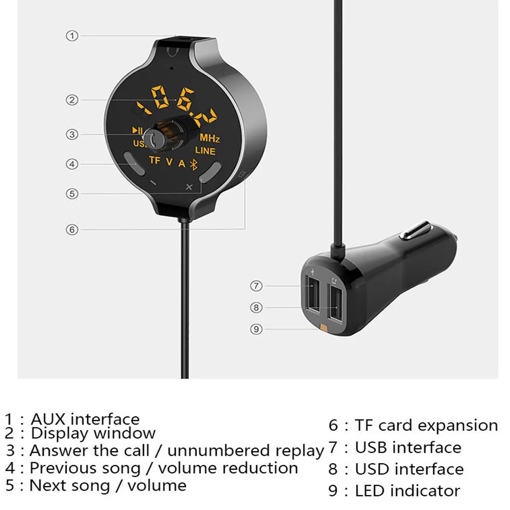 Автомобильные Хэндс фри, беспроводной Bluetooth USB порт зарядное устройство с кабелем FM передатчик MP3 проигрыватель TF карты