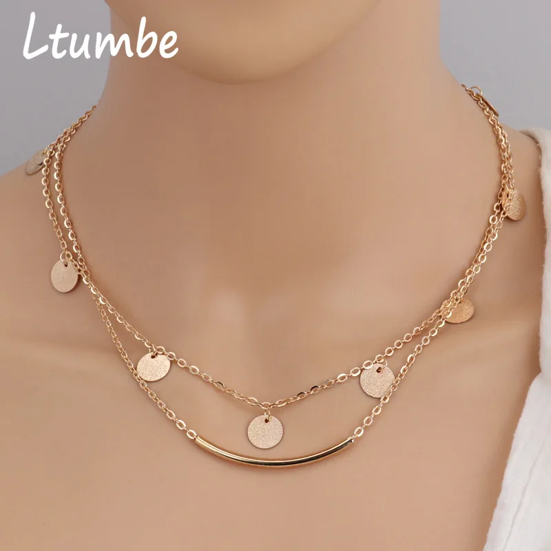 Ltumbe Boho Gold Color Double Chain Sequins Clavicle Chain Necklaces for Femme Collier Necklaces