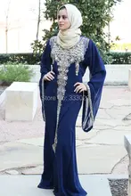 Navy Blue Chiffon Luxury Crystal Beaded Moroccan Kaftan Hijab Muslim Evening Dress Caftan Marocaine robe de soiree