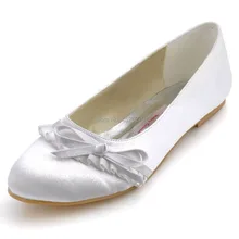 EP41057 Белый Кот свадебный для невесты с закрытым носком Для женщин Свадебные вечерние Туфли без каблуков каблук комфорт круглый носок атласная с рюшами обувь