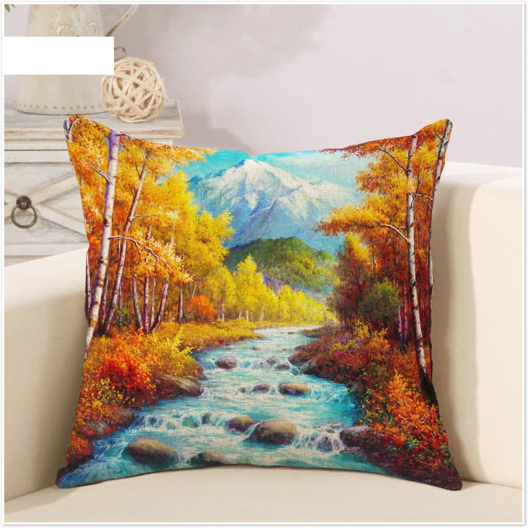 Snow Mountain Maple Stream Beauty Nature Art Oil Painting