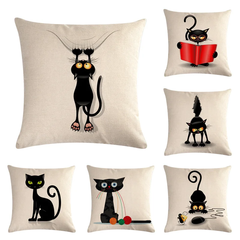 

45*45cm Cartoon Cat Pattern Cotton Linen Throw Pillow Cushion Cover Home Decoration Sofa Bed Decor Decorative Pillowcase