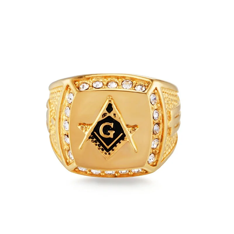 

2019 New Vintage Crystal Masonic Gold Color Men Ring Freemason Male Rings