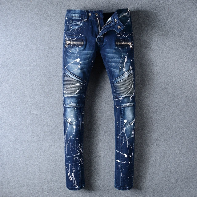 Mens Ripped Biker Jeans 100 Cotton White Splashed Paint Slim Mens Ripped Biker Jeans 100 Cotton White Splashed Paint Slim Fit Motorcycle Men Vintage Distressed Denim Jean Pants