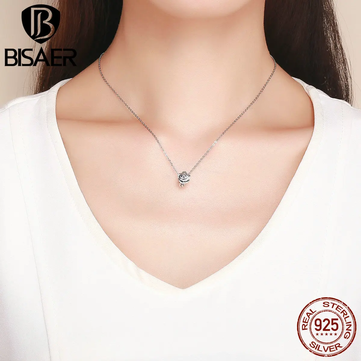 BISAER Rose Flower Charms 925 Sterling Silver Rose Flower Shape Beads fit Charms Bracelets Bangles DIY Jewelry Making ECC1101