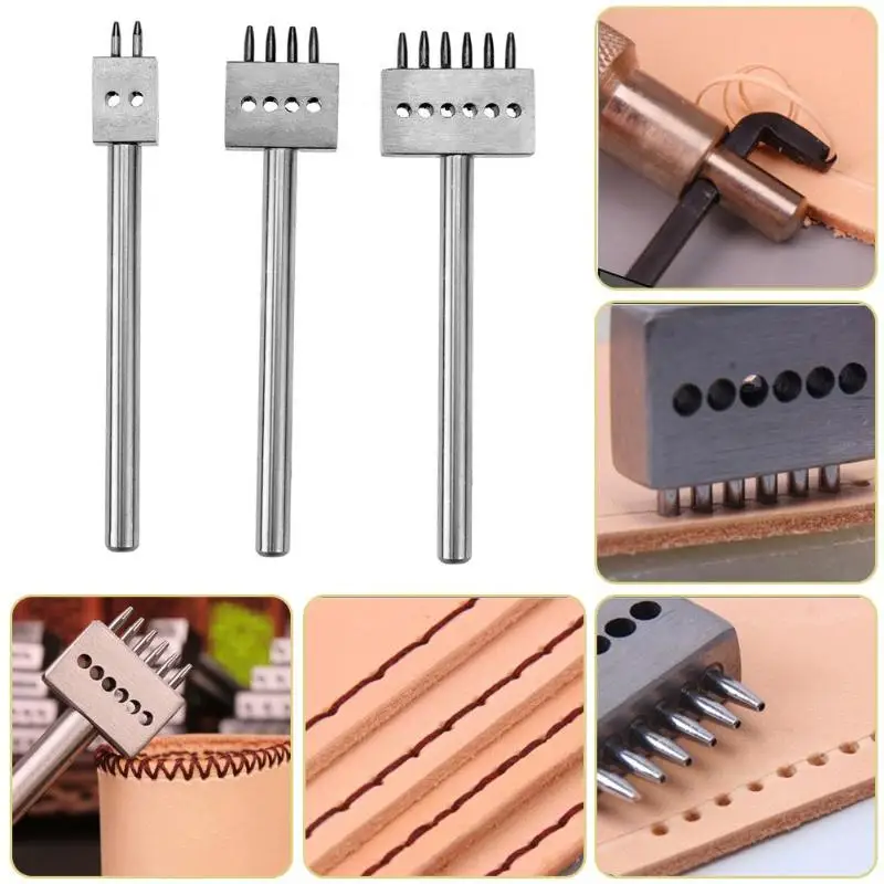 Leather Punch Tool 3PCS 6mm 2/4/6 Prong Leather Craft Tools DIY Row Circular Cut Hole Stitched Hole Spacing Hand Tool
