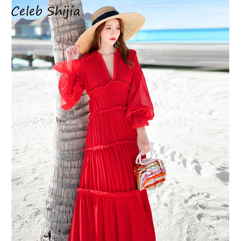 

Woman's dress red Long sleeve New Autumn V-neck patchwork seaside beach casual Long pleated dress ladies maxi vestido