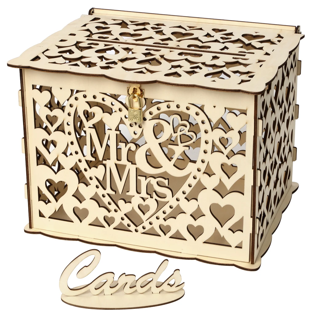 

New Wedding Gift Card Box Wooden Money Box with Lock Beautiful Wedding Decoration Supplies for DIY Birthday Party Storage Money