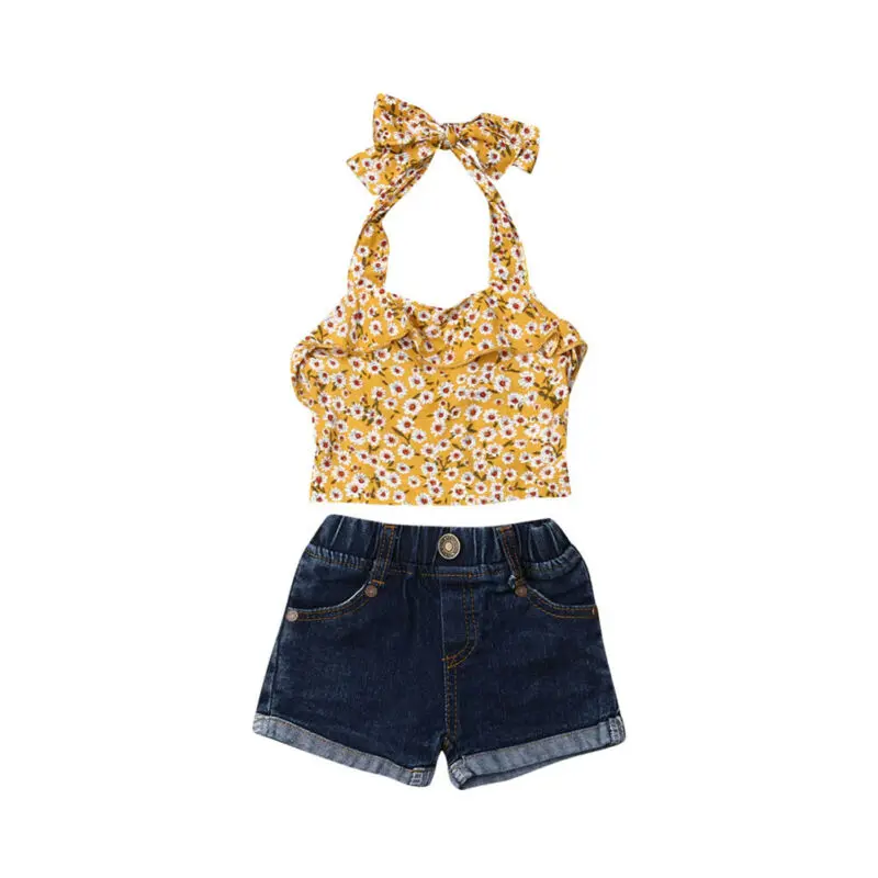 

2019 Newest Hot Newborn Infant Baby Girl Sleeveless Floral Halter Crop Tops Denim Shorts Outfits Set 2pcs Clothes Set