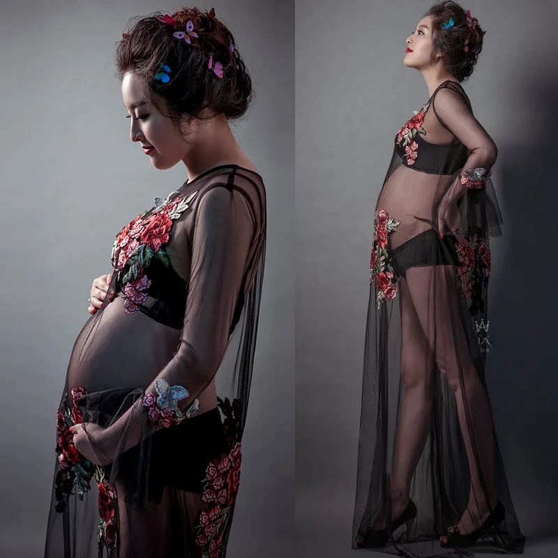 

Black Embroidered Dress Pregnancy Photo Shoot Beach Dress Maternity Long Dress Pregnant Photography Props Fancy Clothing