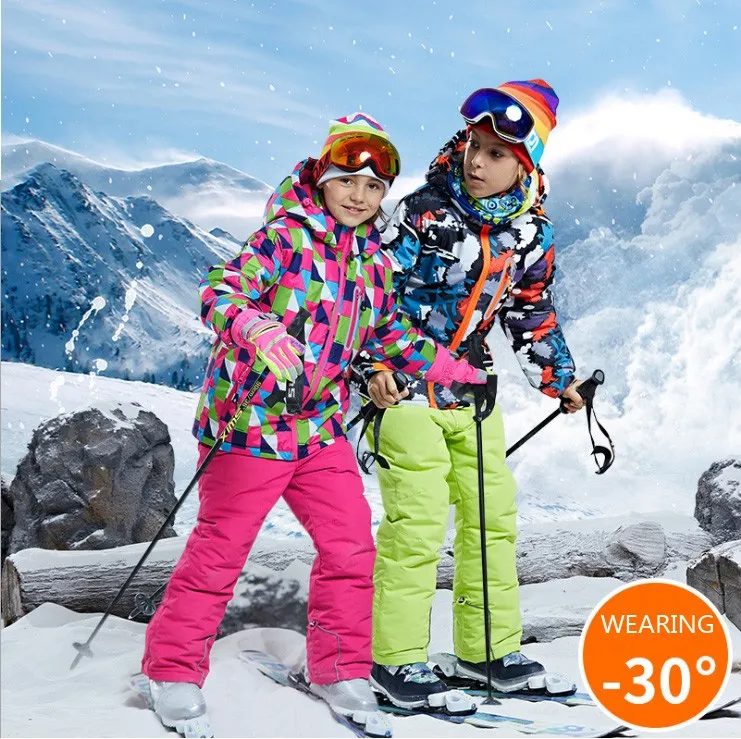 -30 Children brand ski suit boy girl kids snowboard suit Set Waterproof outdoor sports jacket pants clothes snowsuit teen 12 14
