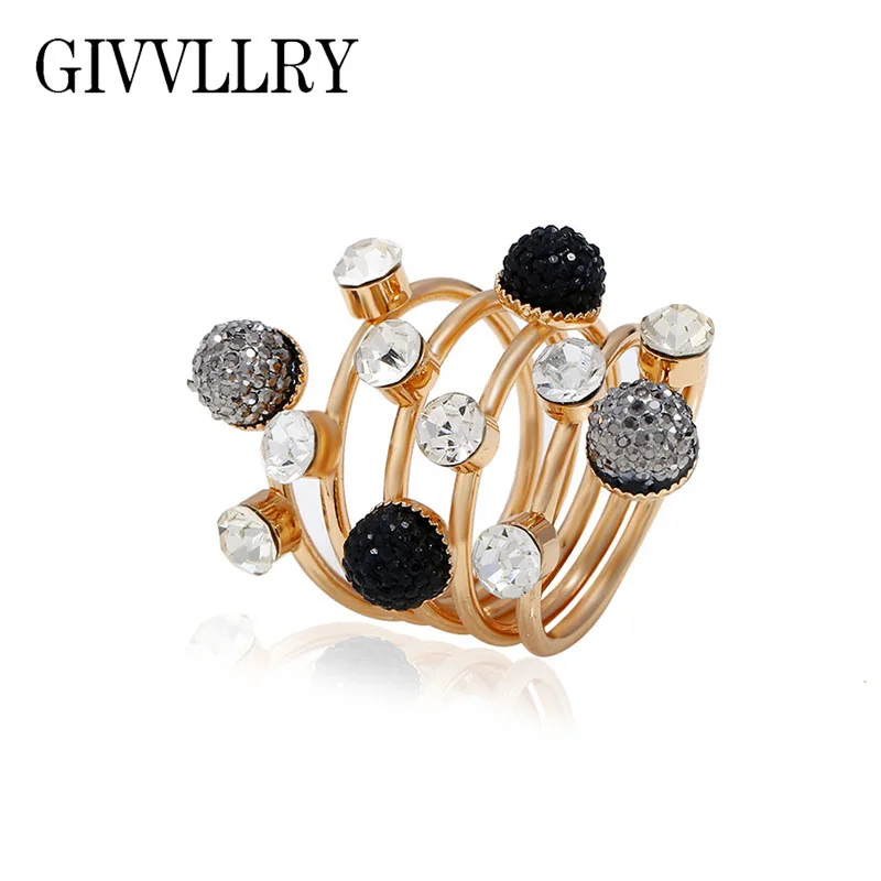 

GIVVLLRY Black Gray Resin Bead Knuckle Rings for Women Creative Elegant Geometric Gold Color Metal Spring Shiny Cocktail Ring