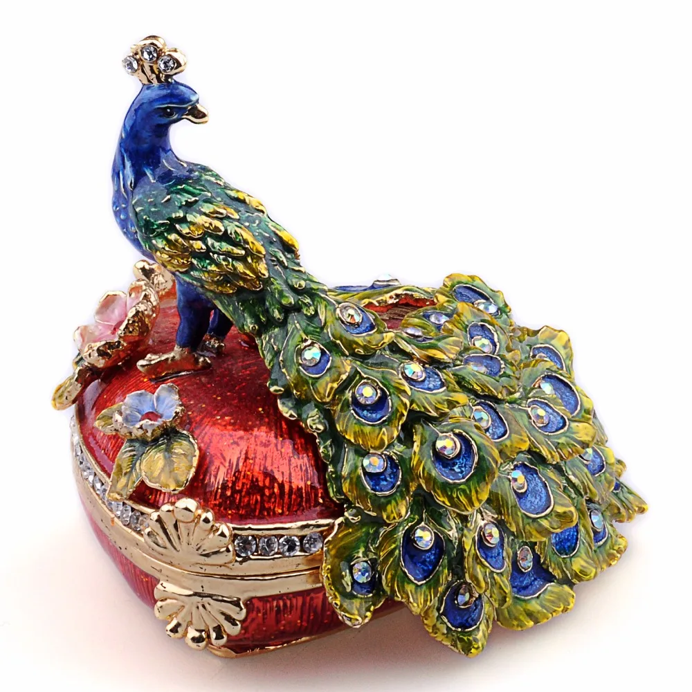 Vintage Crystal Enamel Peacock Egg Jewelry Box Trinket Storage Dresser Decor 