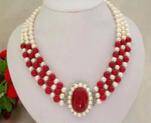 

3Rows 7-8MM 2014 new fashion free shipping White Pearl & Red Coral Necklace BV401