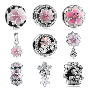

Real 925 Sterling Silver 9 Styles Cherry Flower Bloom Enamel Beads Charms fit Pandora Bracelet & Bangles DIY Original Jewelry