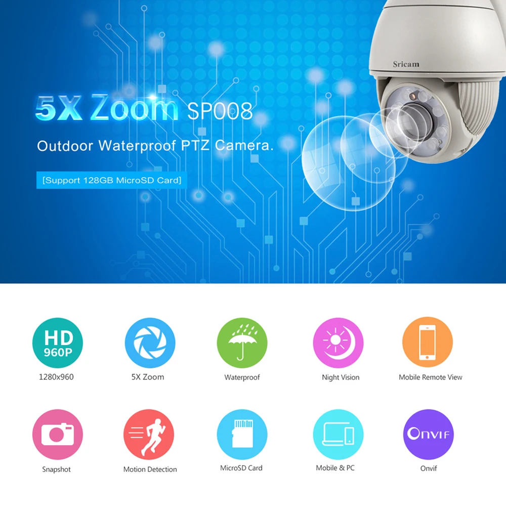 Sricam SP008 1.3M Wireless IP Camera 960P SD Card 128G 5X Optical Zoom IR Onvif IP Camera PTZ Outdoor Waterproof PTZ IPC camera : image Sricam SP008 1.3M Wireless IP Camera 960P SD Card 128G 5X Optical Zoom IR Onvif IP Camera PTZ Outdoor Waterproof PTZ IPC camera