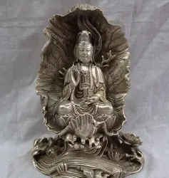JP S62 Китайский Буддийский Серебро Листьев Лотоса Будда Кван-Инь QuanYin Пот Латунь Статуя (B0328)