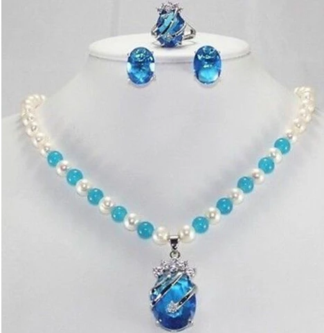 $ Wholesale_jewelry_wig $7-8 мм белый Akoya культивированный жемчуг и топаз ожерелье серьги