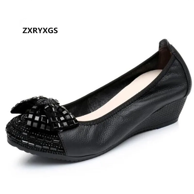 Zxryxgs Nuovo Donne Pendenza Tacchi Primavera Scarpe Comfort Con Strass I Cuoio apricot Il Di Soft Nero 2019 Arco Genuino blu Marca Alti Modo Delle 8wrfq8