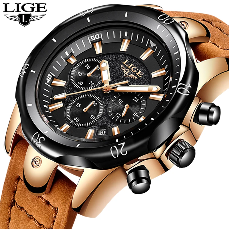 

2018 LIGE Mens Watches Brand Luxury Gold Quartz Watch Men Casual Leather Military Waterproof Sport Wrist Watch Relogio Masculino