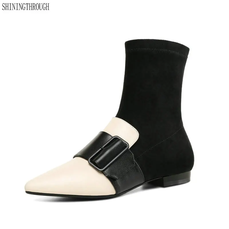 

New 2019 Women flat Socks Boots genuine Leather pointed toe Motorcycle Boots Sexy Party Club casual Shoes Woman