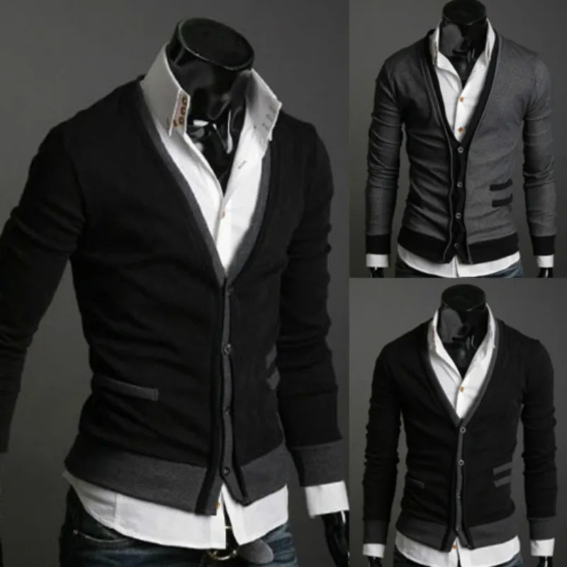 

Men's fashion Slim placket color matching long-sleeved sweater jacket Contrast fake two-piece cardigan