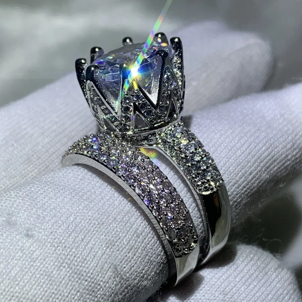 

Handmade Luxury Jewelry Hot Sale 925 Sterling Silver Big Round Cut 5A Cubic Zirconia Pave CZ Women Wedding Crown Band Ring Gift