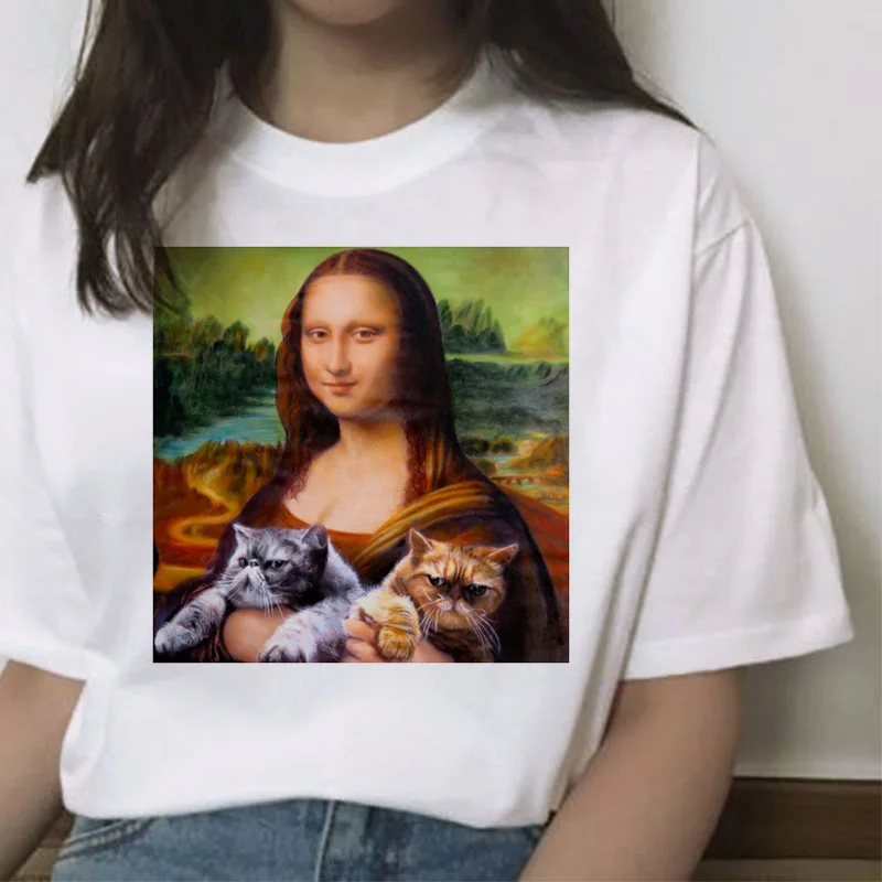 

mona lisa cat t shirt women female new fashion top summer tshirt aesthetic funny Grunge Kawaii femme Short t-shirt hip hop