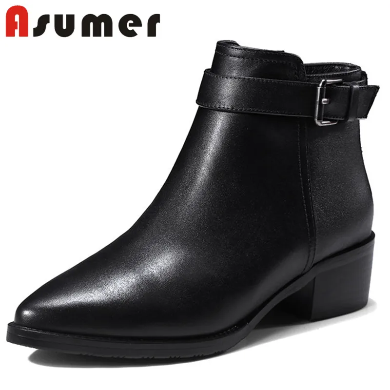 

ASUMER NEW 2018 adult ankle boots for women simple balck genuine leather boots thick heels pointed toe winter boots size34-43