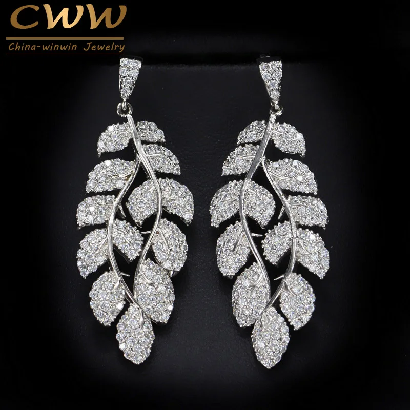 CWWZircons бренд одежда высшего качества Miro Pave CZ кубический цирконий камни в форме листа длинные висячие серьги для женщин CZ218 - Окраска металла: white