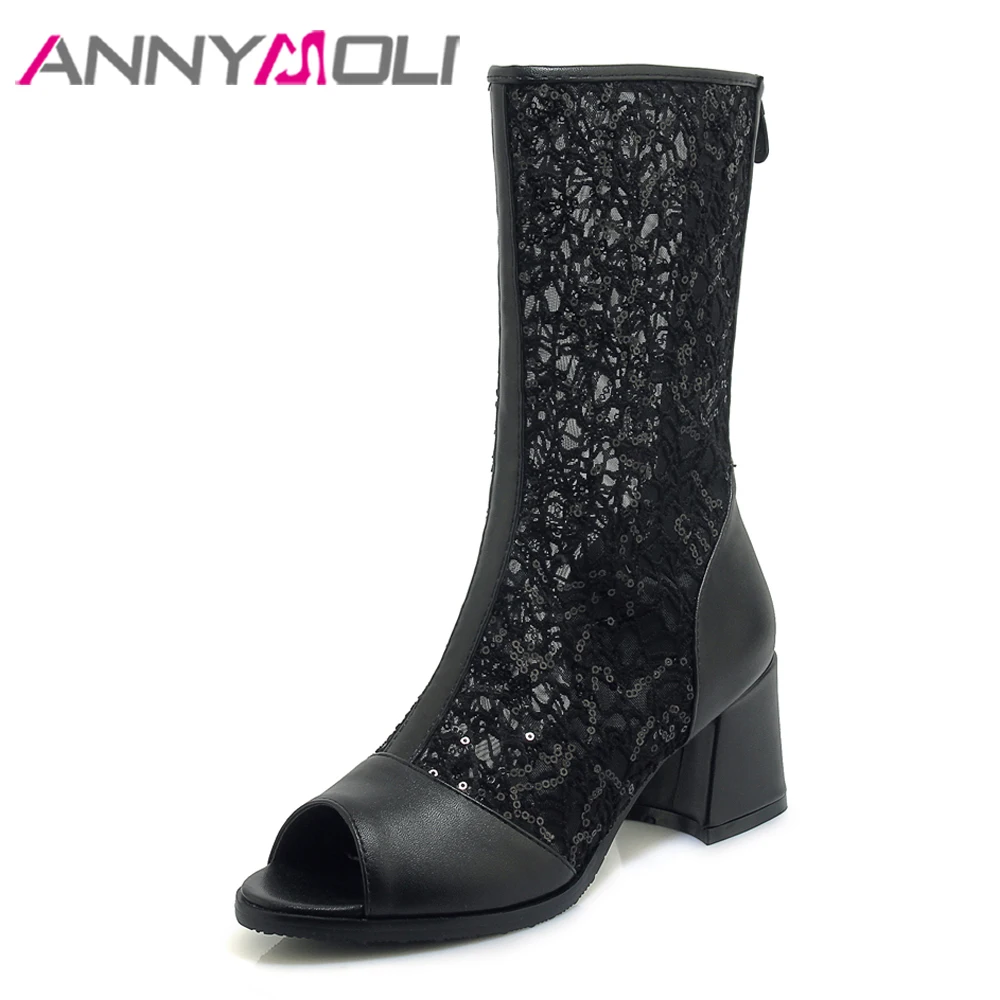 

ANNYMOLI Summer Boots Women Gladiator Shoes Cutout Chunky High Heels Shoes Zipper Peep Toe Female Pumps Black Plus Size 33-43 10