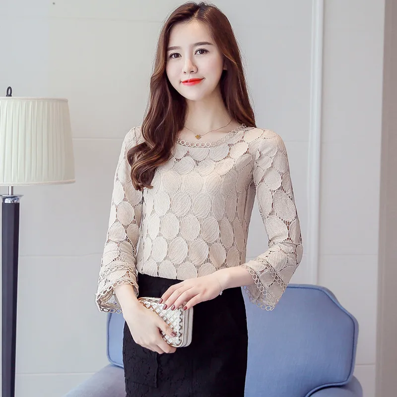  2019 Spring Autumn Korean Women Hollow Out Lace Blouses Shirts Female Fashion Loose Flare Sleeves O