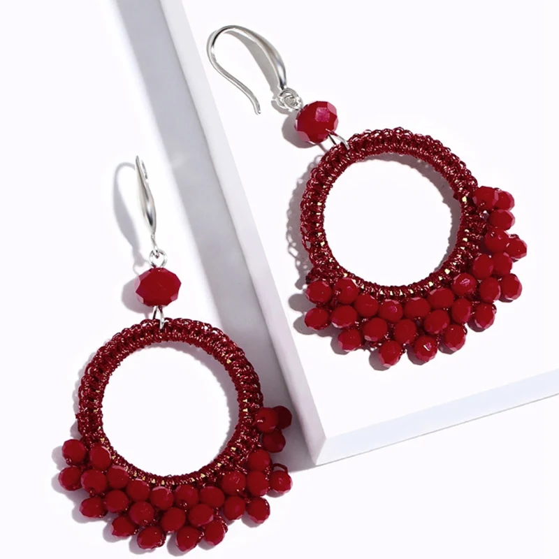 

New Ethnic Pandant Earrings With Crystal Beads Women Red Bohemian Dangle Drop Earring Retro Jewelry Vrouw Oorbellen