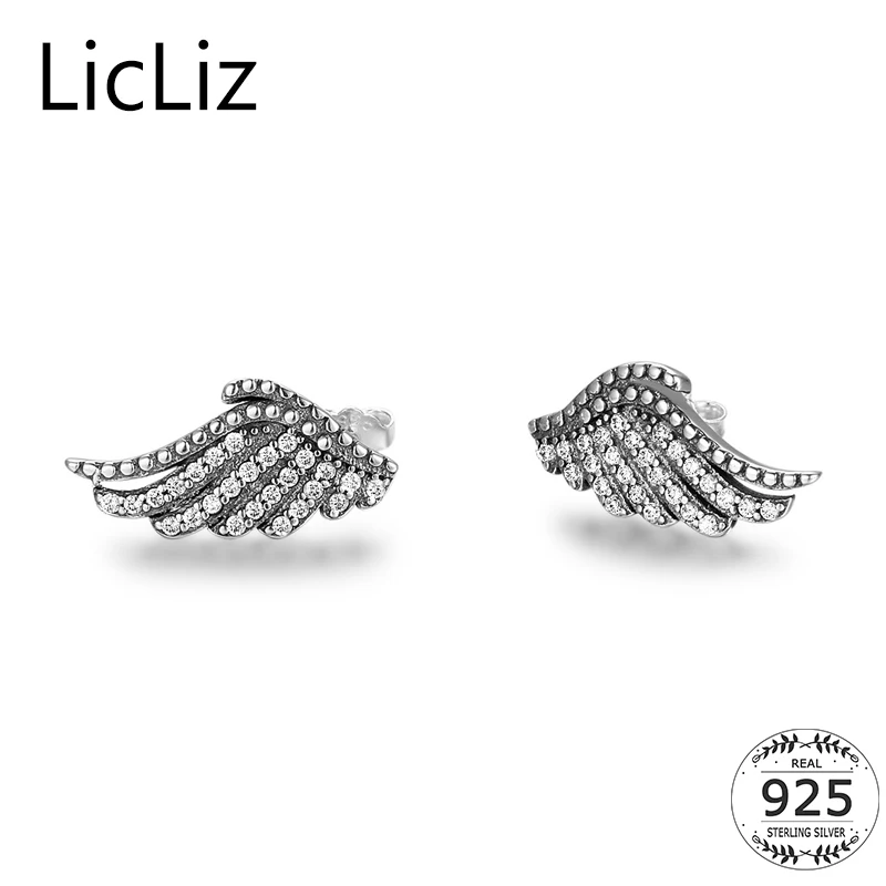 

LicLiz 925 Sterling Silver Angle Wing Stud Earrings Womens Post Earrings Micro Pave Cubic Zirconia Feather Earring Studs LE0407