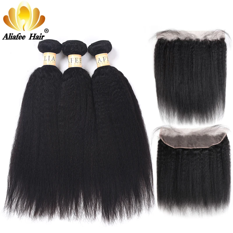 

AliAfee Yaki/Curls Straight Brazilian Bundle with 13x4 Frontal 100% Human Hair Color Natural 8"-28" Non Remy 3/4+1 Bundles Deals