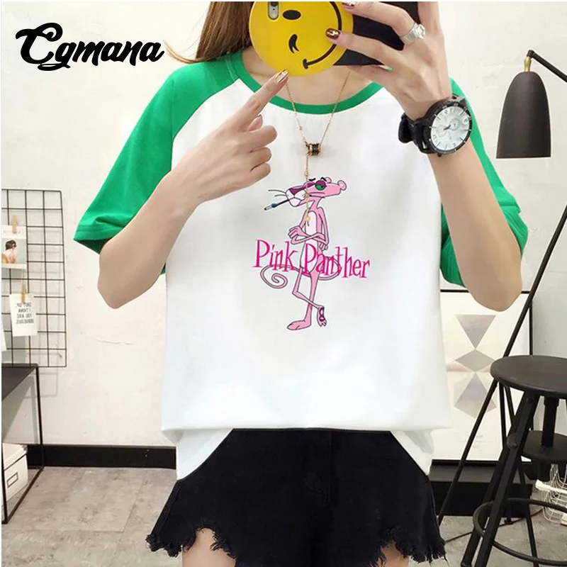 CGmana Women T-shirt 2018 New Fashion Cartoon Pink Panther Printed Cotton T-shirts Female Loose Women T-shirts Casual Tops Tees Tops