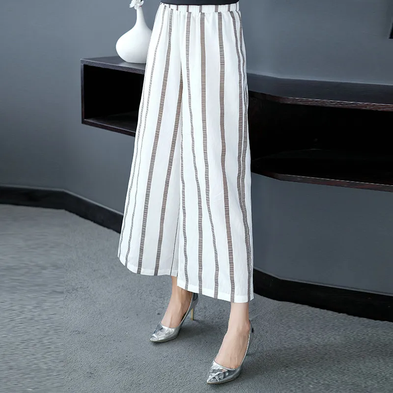 

Brand Trousers 2019 Spring Summer Women Trousers New Striped Commuter OL Pants Loose Wild Nine-point Wide Leg Pants Female