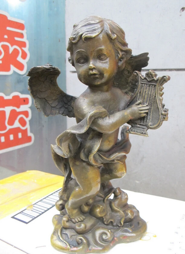 

008569 11"Western Art Bronze sculpture Cupid angel play the lyre lyra Bell statue